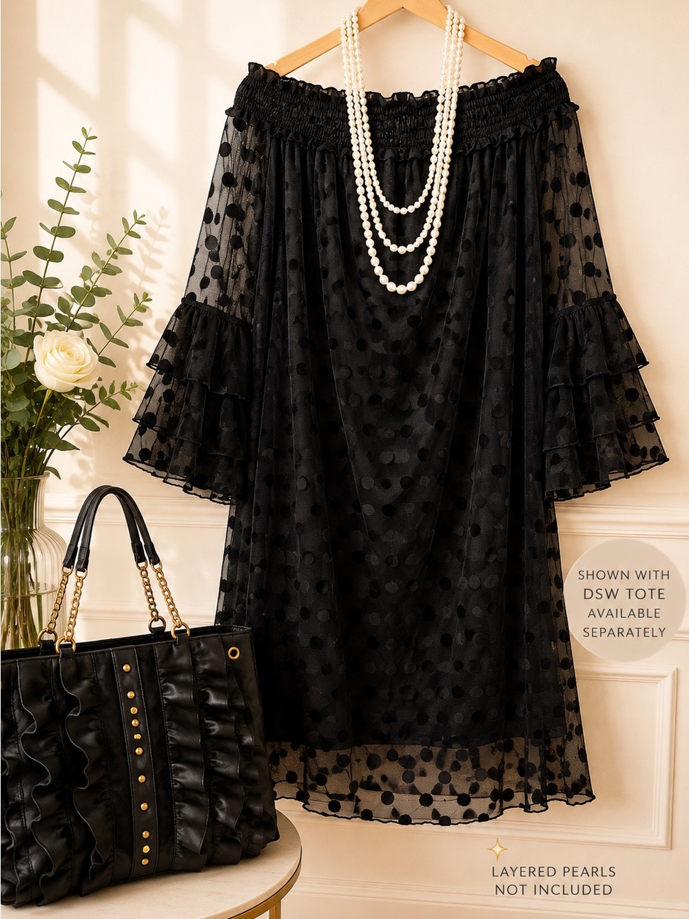 Black Polka Dot Mesh Off Shoulder Babydoll Sheer Bell Sleeves XXL